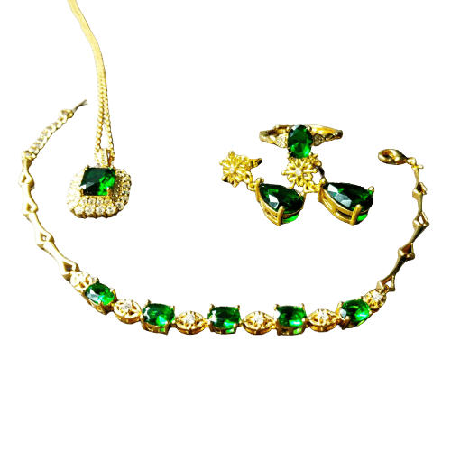 Grandmother emerald necklace, bracelet, earrings, ring 4pcs sets - Necklace, bracelet, earrings, ring 4pcs sets - Luckacco Jewelry and Watch Store