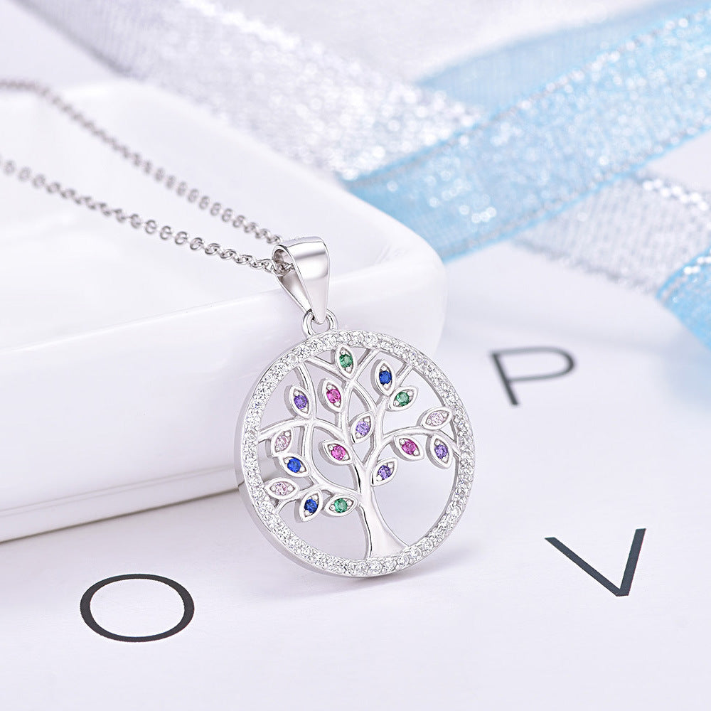 S925 Sterling Silver Lucky Tree Stylish Pendant Stylish round Diamond Crystal Women's Necklace -  - Luckacco Jewelry and Watch Store