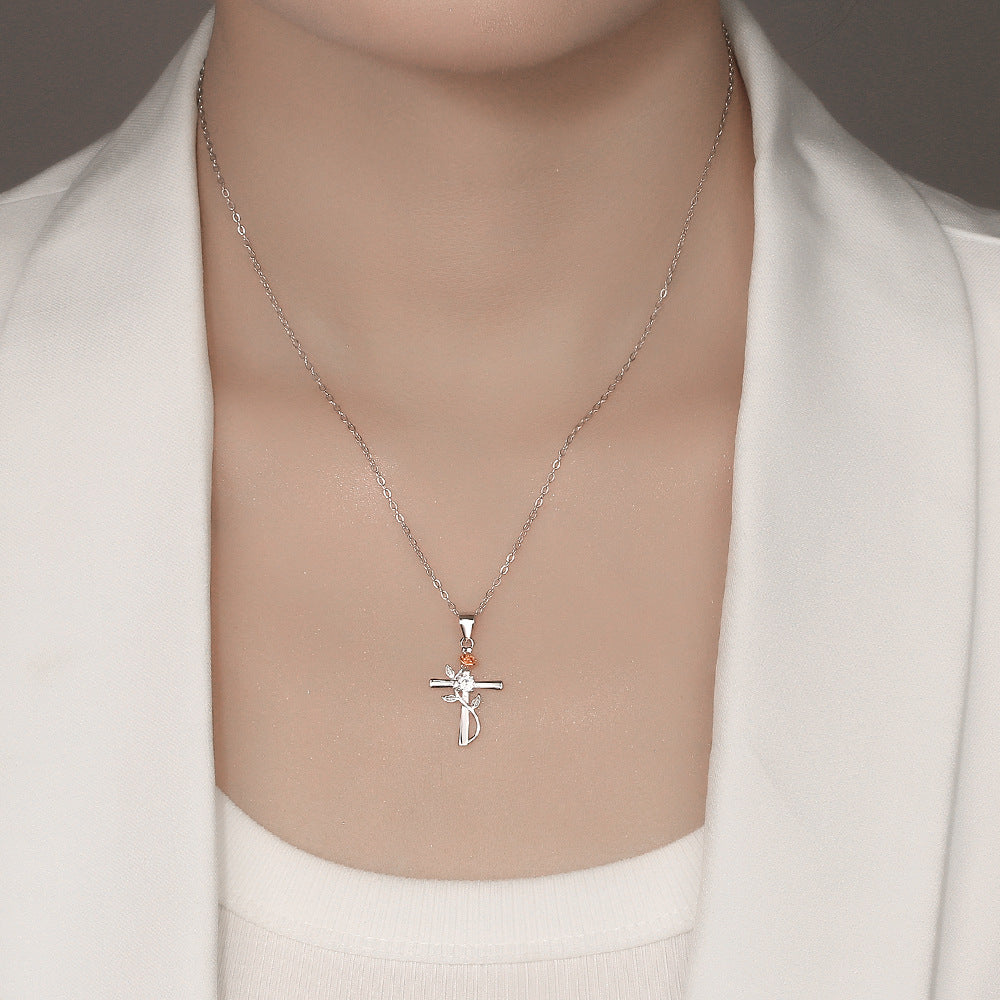 Personalized All-Match Fashion Cross Rose S925 Silver Color Separation Necklace for Women -  - Luckacco Jewelry and Watch Store