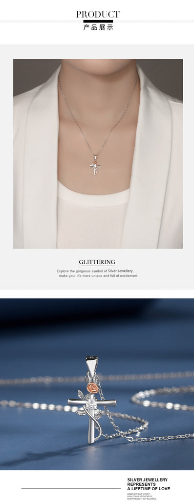 Personalized All-Match Fashion Cross Rose S925 Silver Color Separation Necklace for Women -  - Luckacco Jewelry and Watch Store